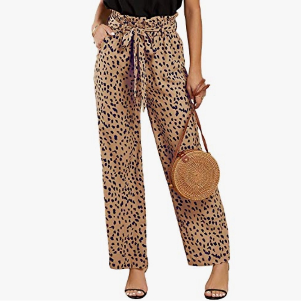 Khaki Leopard Palazzo Paper Bag Pants - Large